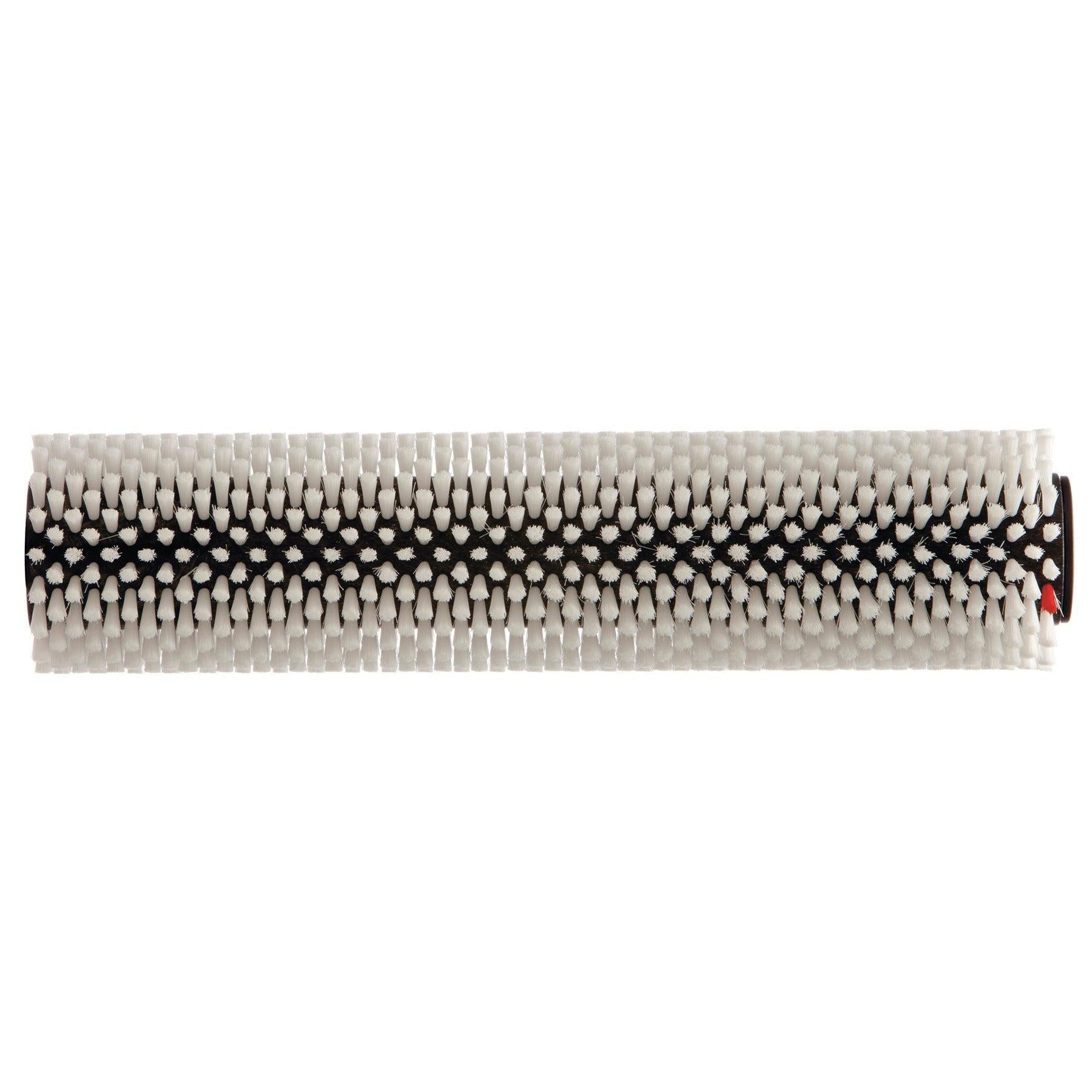 A close-up of the TASKI procarpet 30 encapsulation brush from Diversey Deutschland GmbH & Co. OHG, a cylindrical replacement brush with white bristles and a black band, ideal for carpet cleaning, shown isolated on a white background.