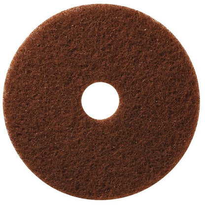 The TASKI Americo Pad Brown from Diversey Deutschland GmbH & Co. OHG is a round, brown, textured deep-cleaning pad with a center hole designed for aggressive cleaning of stubborn dirt, shown against a white background.