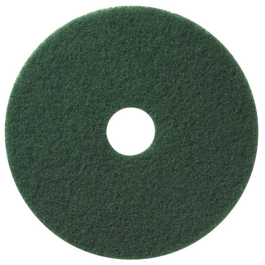 The TASKI Americo Pad Green scrubbing pad for wet and dry cleaning from Diversey Deutschland GmbH & Co. OHG is a green, circular pad with a central hole, depicted on a white background.