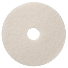 The TASKI Americo Pad White High-Quality High-Speed Polishing Pad from Diversey Deutschland GmbH & Co. OHG is a round, flat, white pad with a textured surface and a central hole, designed for efficient floor polishing, depicted on a white background.