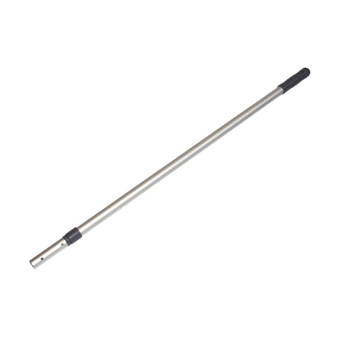 The TASKI Vario Handle, adjustable, 120-180 cm from Diversey Deutschland GmbH & Co. OHG is a metal telescopic handle with a black plastic grip and attachment point for cleaning chairs, versatile in use, depicted against a white background.