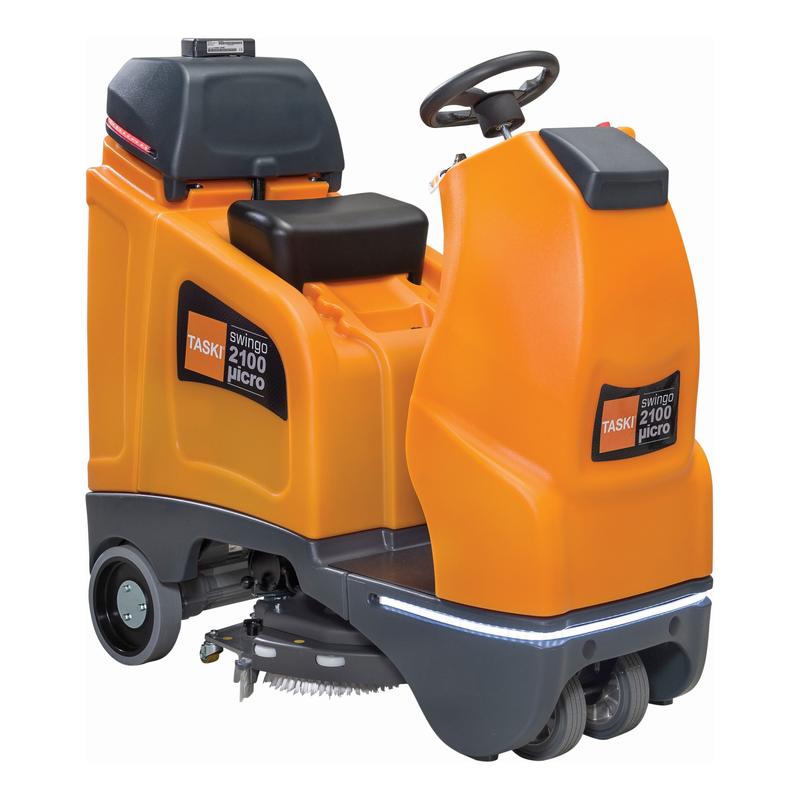 The TASKI swingo 2100µicro BMS Compact Micro Ride-On Scrubber Dryer from Diversey Deutschland GmbH & Co. OHG is an orange ride-on scrubber dryer with a black seat and steering wheel, designed for commercial or industrial cleaning and features an advanced BMS.