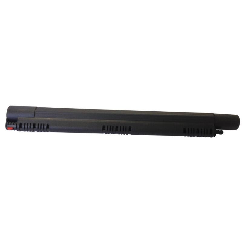 A black extension tube for TASKI Steamer from Diversey Deutschland GmbH & Co. OHG with lateral grooves and a red marking at one end, reminiscent of a cylindrical laptop battery, is depicted against a plain white background.