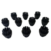 Ten identical black nylon brushes for the TASKI Steamer from Diversey Deutschland GmbH & Co. OHG (pack of 10 pieces) are scattered on a white background and have short, stiff bristles in tufts for improved cleaning performance.