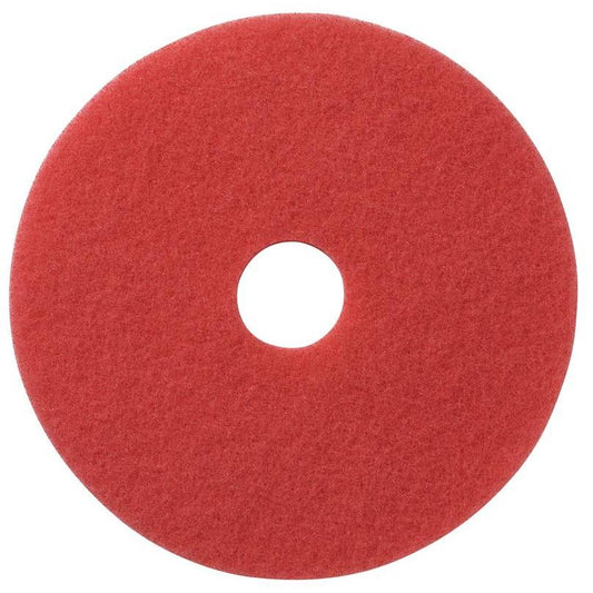 The TASKI Americo Pad Red Euro maintenance cleaning pad from Diversey Deutschland GmbH & Co. OHG is a red, circular pad with a central hole for efficient maintenance cleaning, depicted on a white background.