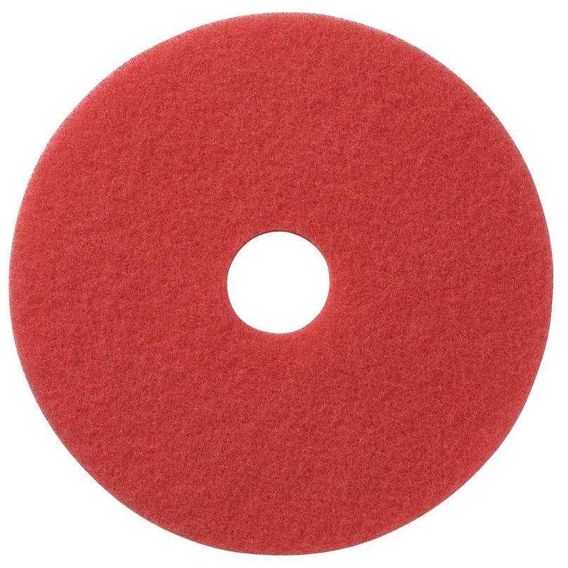 The TASKI Americo Pad Red Euro maintenance cleaning pad from Diversey Deutschland GmbH & Co. OHG is a red, circular cleaning pad with a central hole, depicted on a white background - ideal for efficient maintenance cleaning.
