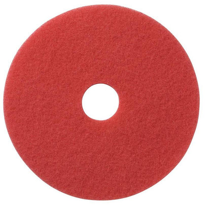 The TASKI Americo Pad Red Euro maintenance cleaning pad from Diversey Deutschland GmbH & Co. OHG is a red, round pad with a central hole - perfect for daily floor care and maintenance cleaning.