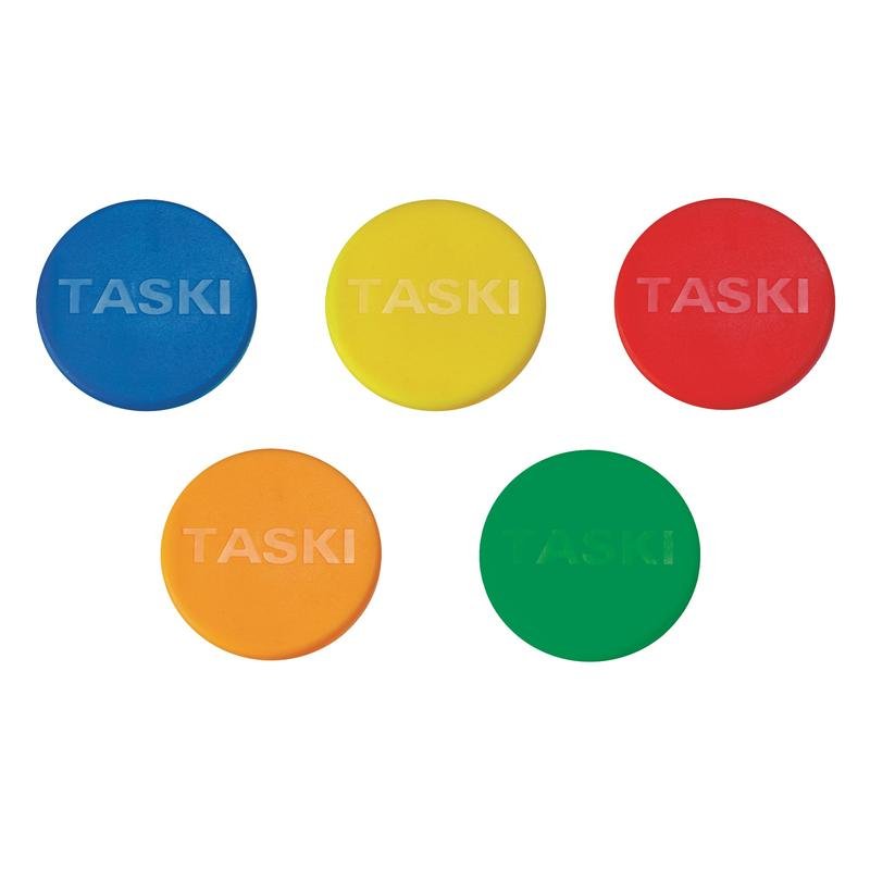 The Jonmaster color coding set from Diversey Deutschland GmbH & Co. OHG contains four color-coded caps for organizing Jonmaster cleaning tools, allowing you to easily sort your equipment by task or area.