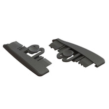 Two black Jonmaster UltraPlus end caps L/R made of plastic by Diversey Deutschland GmbH & Co. OHG, used as replacement caps for the UltraPlus mop holder, depicted with rounded edges and locking mechanisms on a white background (2 packs/carton).