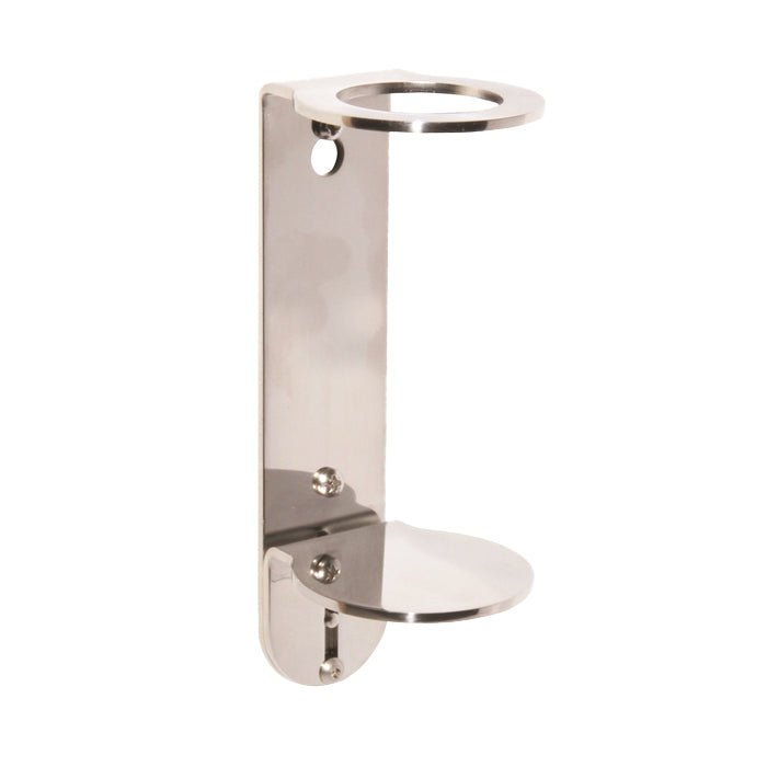 The LAPE wall mount from Diversey Deutschland GmbH & Co. OHG is a stainless steel wall mount with circular top and bottom surfaces for holding cylindrical objects, equipped with two screw holes for secure wall mounting.