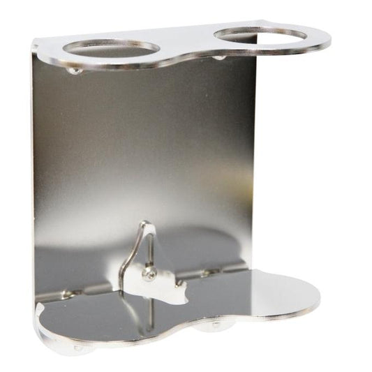 The LAPE wall mount from Diversey Deutschland GmbH & Co. OHG is a stainless steel wall mount with two circular upper openings and a curved lower shelf, ideal for the secure attachment of cylindrical objects or containers.