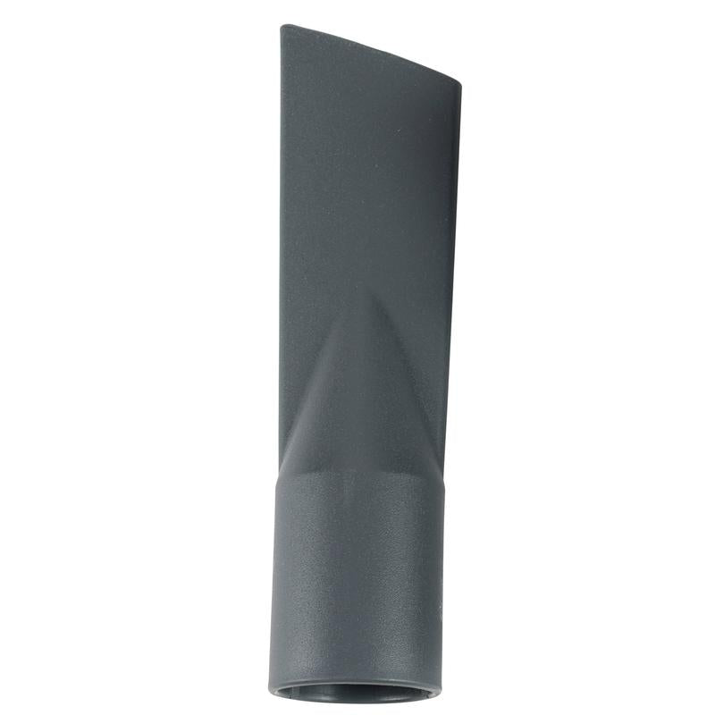 The TASKI AERO crevice nozzle long 32mm from Diversey Deutschland GmbH & Co. OHG is a gray plastic crevice nozzle with a narrow, angled tip and round base, designed for connection to TASKI AERO suction hoses. The package contains 1 piece.