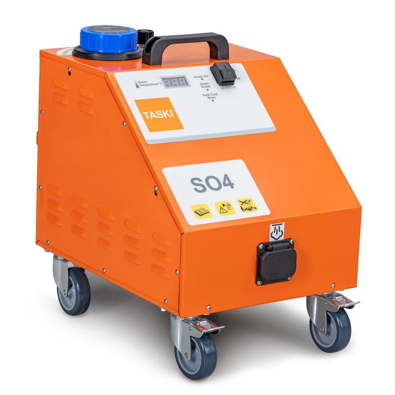 The TASKI Steam SO4 steam cleaner from Diversey Deutschland GmbH & Co. OHG features 4.5 bar steam pressure, an orange housing with handle, wheels, control panel, blue cap, safety sticker, front socket - ideal for environmentally friendly cleaning.