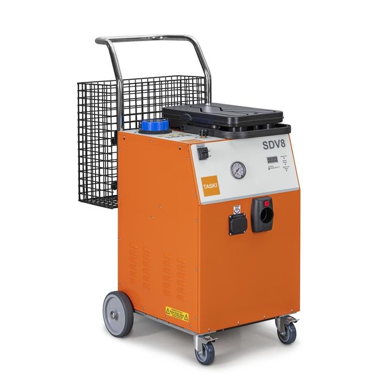The TASKI Steam SDV8 steam cleaner from Diversey Deutschland GmbH & Co. OHG features 8 bar steam pressure, integrated suction, cleaning agent attachment, control panel with switches and manometer, as well as wheels and metal basket. Package: 1 piece.