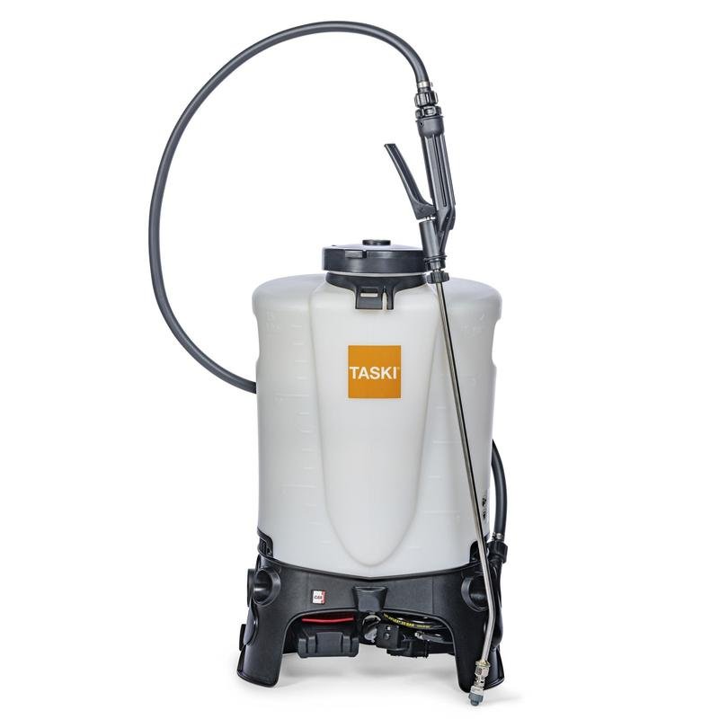 The TASKI Sprayer BP 15l Li-Ion from Diversey Deutschland GmbH & Co. OHG is a white backpack sprayer with a capacity of 15 liters, padded straps, black hose and base, ideal for dispensing liquids. Includes battery and charger.