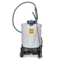 The TASKI Sprayer BP 15l Li-Ion from Diversey Deutschland GmbH & Co. OHG is a white backpack sprayer with a capacity of 15 liters, padded straps, black hose and base, ideal for dispensing liquids. Includes battery and charger.