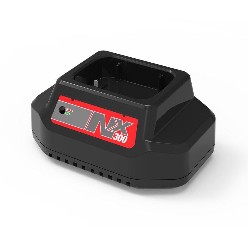 A black rectangular NX charger from Diversey Deutschland GmbH & Co. OHG, labeled "NX 300", with an indicator light and battery compartment, for TASKI swingo 250µicro cleaning machine, including EU/UK/SEV cables; depicted on a white background.