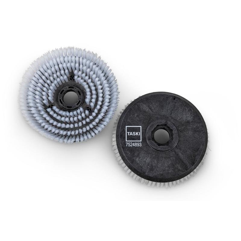 Two brush attachments from Diversey Deutschland GmbH & Co. OHG for TASKI swingo 250µicro are equipped with white bristles, a black base, and the label "TASKI 7524893" - durable and efficient, delivered in a package.