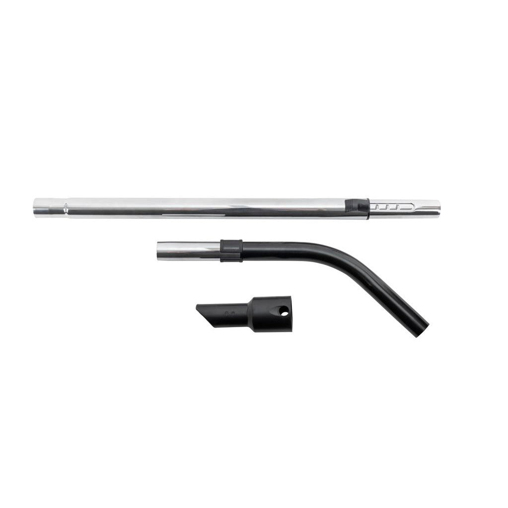The TASKI AERO Upgrade Kit from Diversey includes a metal pipe bend, a hose connector, and a telescopic rod for Aero canister vacuums, depicted on a white background to highlight the cleaning performance of the individual attachments.
