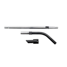 The TASKI AERO Upgrade Kit from Diversey includes a metal pipe bend, a hose connector, and a telescopic rod for Aero canister vacuums, depicted on a white background to highlight the cleaning performance of the individual attachments.