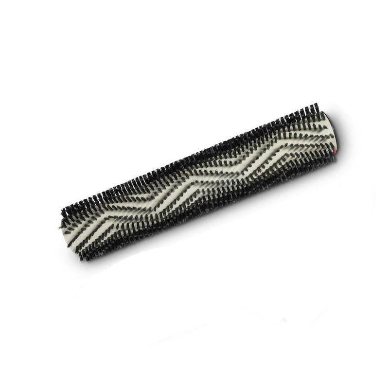 The TASKI Ultimaxx roller brush (55 cm) from Diversey Deutschland GmbH & Co. OHG, a replacement roller brush for the TASKI Ultimaxx RB series, features black, wavy bristles on a white core to enhance cleaning efficiency; shown against a white background.