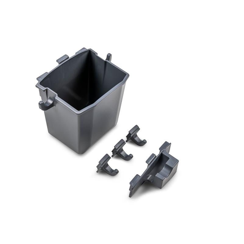 A gray accessory bucket for Ultimaxx from Diversey Deutschland GmbH & Co. OHG with four black clips and a rectangular attachment sits open and empty on a white background - perfect for use with your accessory holder (1 piece).