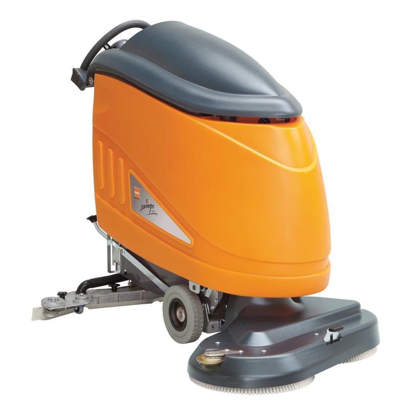 The TASKI swingo 1850 Li-Ion from Diversey Germany is an extra-large, orange-gray scrubber dryer with two 17-inch brushes, wheels for mobility, and 3x50Ah Li-Ion batteries for efficient commercial cleaning.