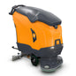 The orange and dark gray TASKI ULTIMAXX 2900 DD55 Performance BMS 40A from Diversey features a handle, a control panel, wheels, a 63-liter tank, and 55-cm double discs. Brand and model are clearly visible on the side and back.