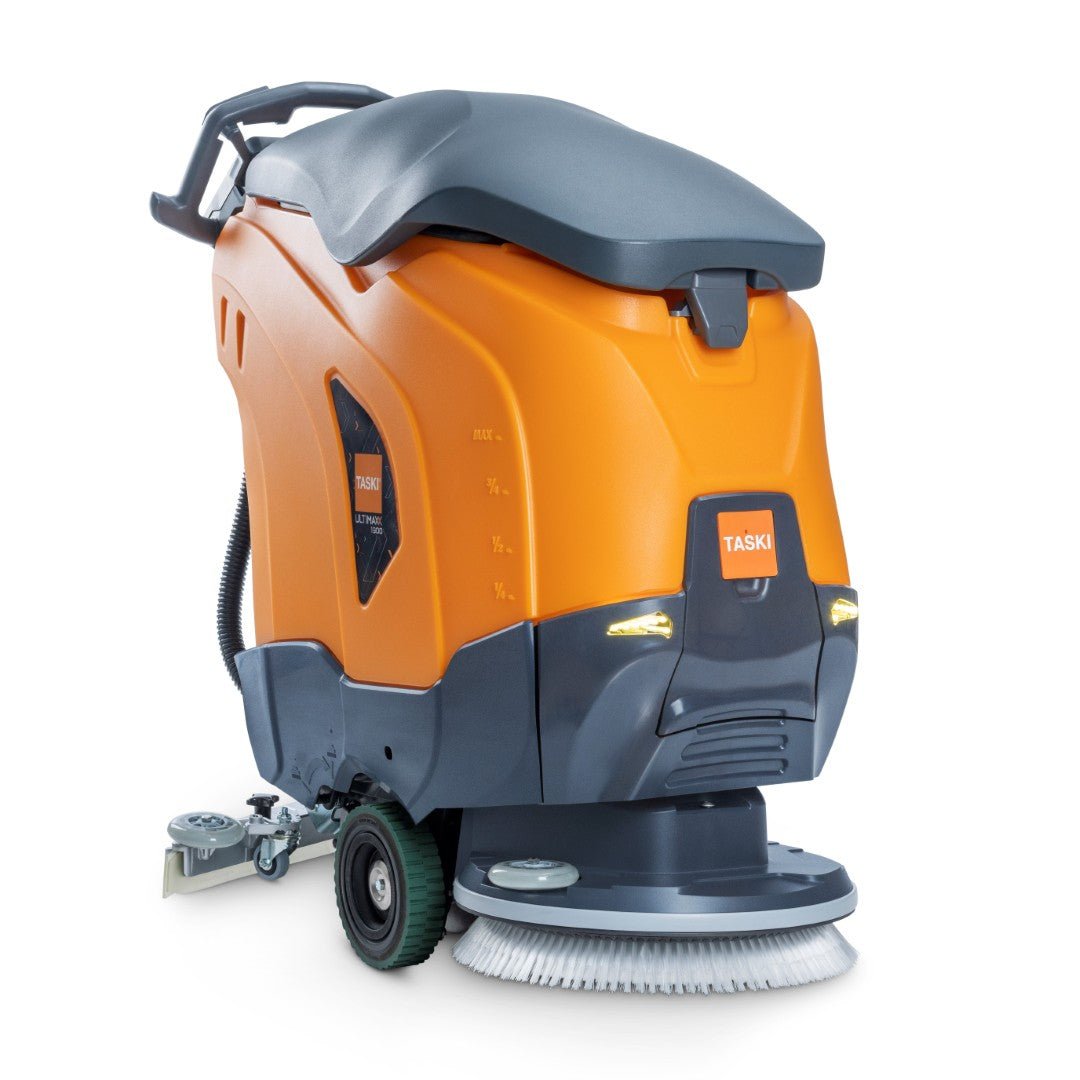 The TASKI ULTIMAXX 1900 SD43 Performance BMS 40A from Diversey Germany is a next-generation scrubber-dryer with wheel drive, 43-liter tank, 43-cm round brush, and push handle - perfect for commercial cleaning.