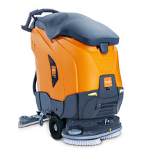 The Diversey TASKI ULTIMAXX 1900 DD55 Performance BMS 40A EBU is an orange-gray scrubber dryer of the next generation with wheel drive, 43L tank, a 55cm double disc, visible water tanks, control buttons on the top, wheels, and a handle.