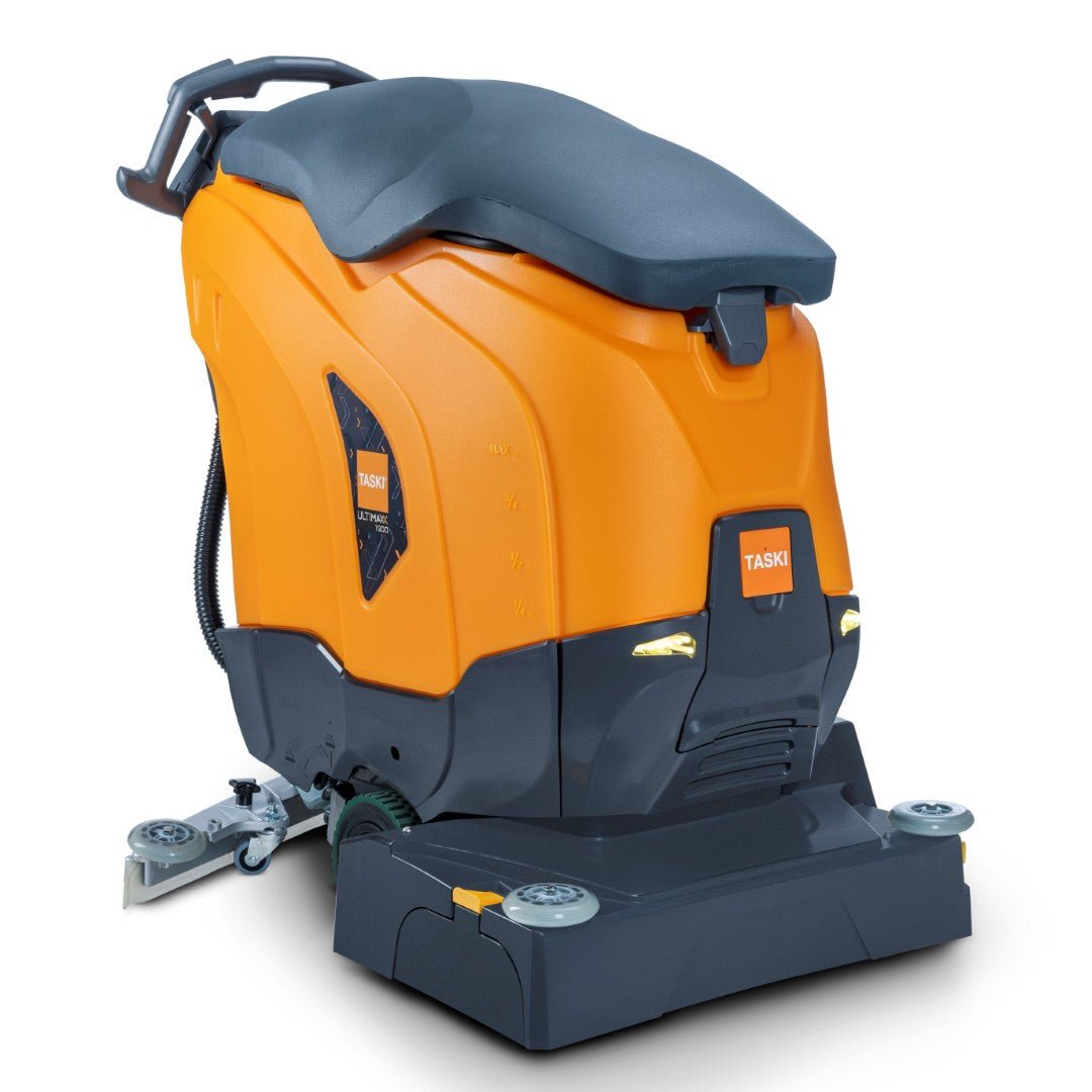 The orange-gray TASKI ULTIMAXX 1900 RB55 Performance BMS 25A from Diversey Deutschland GmbH & Co. OHG is a next-generation scrubber-dryer with wheel drive, 42L tank, 55cm double roller, visible brand name, brushes, wheels, and control handle.