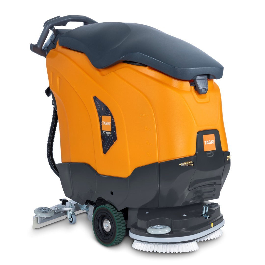 The TASKI ULTIMAXX 1900 DD55 Performance BMS 25A EBU from Diversey Deutschland GmbH & Co. OHG is an orange-black scrubber dryer of the next generation with wheel drive, 42L tank, 55cm dual disc, and ergonomic handle.