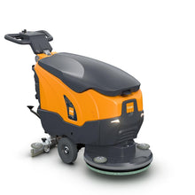 The TASKI ULTIMAXX 900 SD50 from Diversey Deutschland GmbH & Co. OHG is a next-generation non-powered scrubber-dryer with a 20-liter tank and a 50 cm single disc, depicted in orange and gray with a control handle and wheels on a white background.
