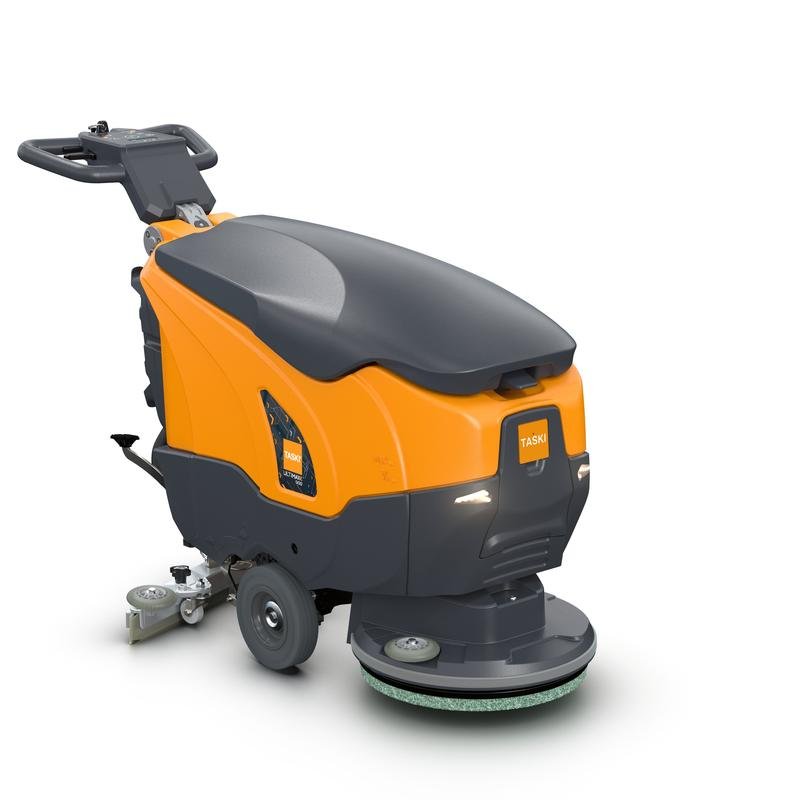 The TASKI ULTIMAXX 900 SD43 BMS 13A gel ready from Diversey Deutschland GmbH & Co. OHG is an orange-gray cleaning machine with a handle, wheels, and a round cleaning pad for intensive cleaning of large areas. Packaging: 1 piece.