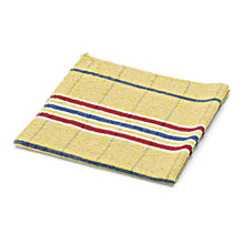 A folded yellow Nölle Profi Brush cotton dust cloth from Nölle Profi Brush Bürsten- & Pinseltechnik e.K. with a checkered pattern and red, white, and blue cross stripes on one edge, ideal for gentle cleaning, on a white background.