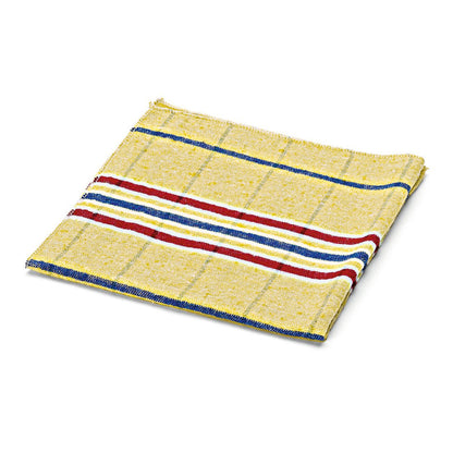 A folded yellow Nölle Profi Brush cotton dust cloth from Nölle Profi Brush Bürsten- & Pinseltechnik e.K. with a checkered pattern and red, white, and blue cross stripes on one edge, ideal for gentle cleaning, on a white background.