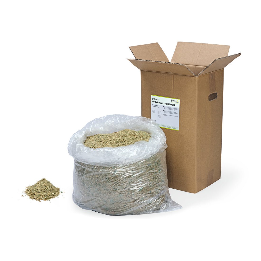 A large transparent bag of Nölle Profi Brush sweeping compound Universal, 25 kg dust-binding for cleaning, sits next to a matching stack and an open, labeled box - all on white. Ideal for professional cleaning by Nölle Profi Brush brush & paintbrush technology e.K.
