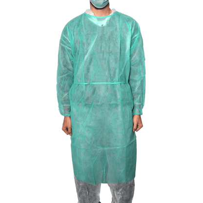 MaiMed-Coat Protect, protective gown made of fleece, green non-sterile, elastic sleeve cuffs, length 120cm, 10 pieces | Pack (10 pieces)