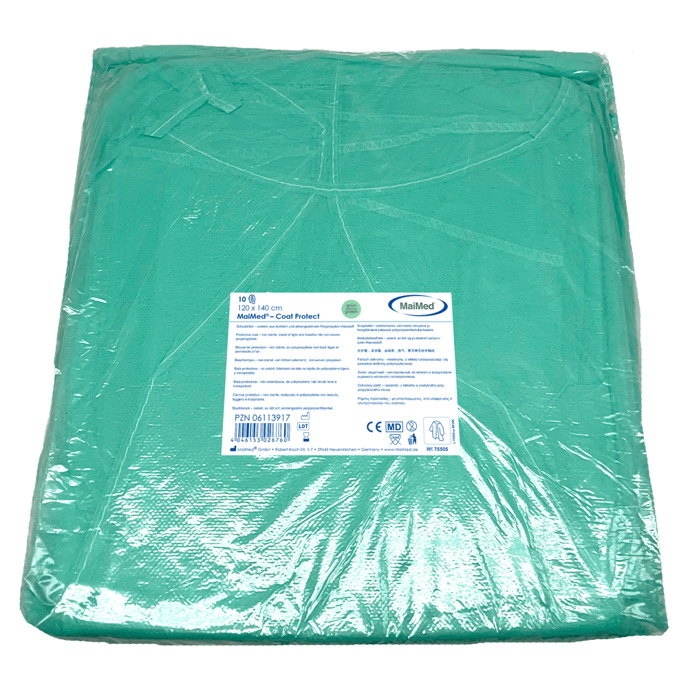 MaiMed-Coat Protect, protective gown made of fleece, green non-sterile, elastic sleeve cuffs, length 120cm, 10 pieces | Pack (10 pieces)