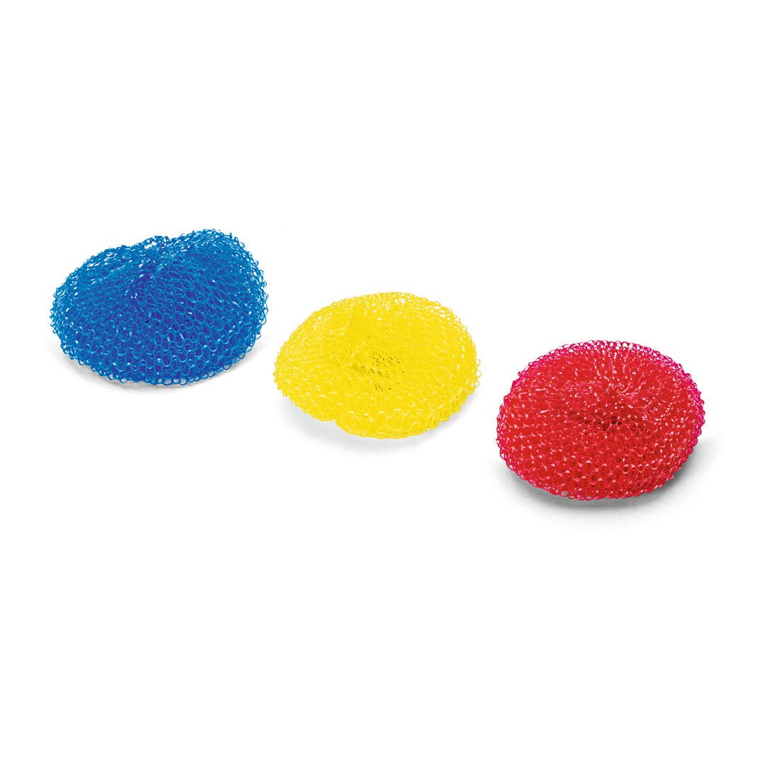 The Nölle Profi Brush Pot Cleaner 3-pack contains three round plastic mesh scrubbers (6 g) in blue, yellow, and red - ideal for household cleaning. Brand: Nölle Profi Brush Brush & Paintbrush Technology e.K.