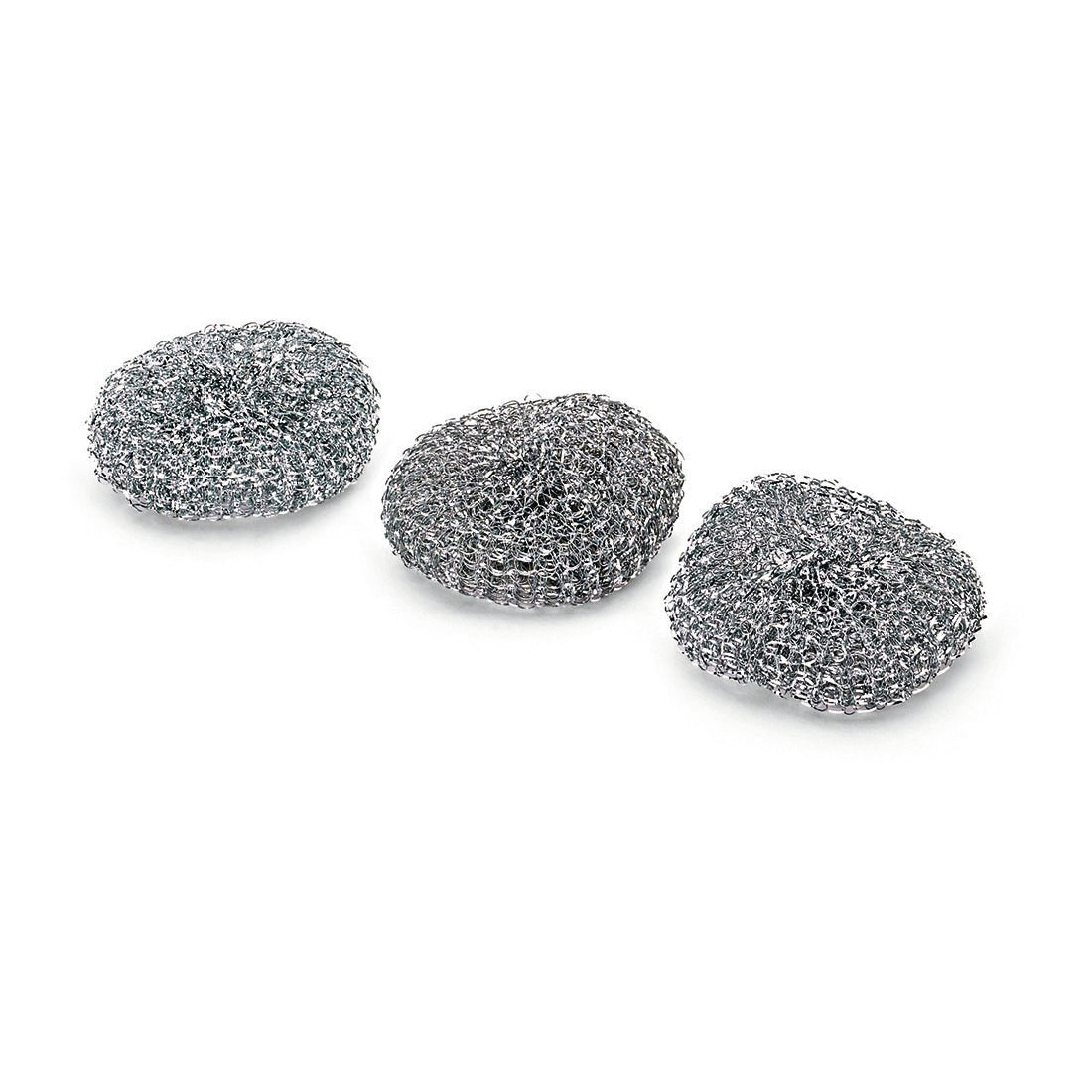 Three Nölle Profi Brush pot cleaners (3-pack, total 30g) made of metal by Nölle Profi Brush Bürsten- & Pinseltechnik e.K. lie side by side on a white background - ideal for efficient kitchen cleaning.