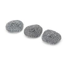 Three Nölle Profi Brush pot cleaners (3-pack, total 30g) made of metal by Nölle Profi Brush Bürsten- & Pinseltechnik e.K. lie side by side on a white background - ideal for efficient kitchen cleaning.