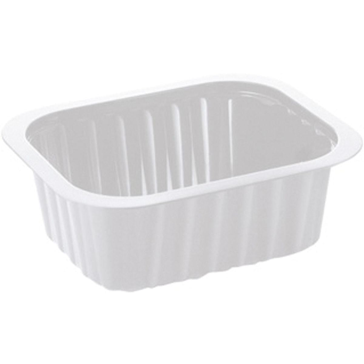 The PP dish White PP 138x114 from Duni GmbH is a simple, rectangular white food tray with ribbed sides and rounded corners, depicted on a white background.