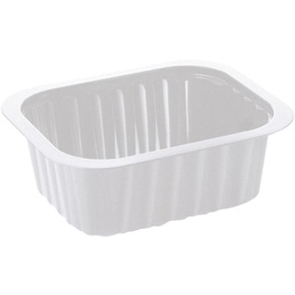 The PP dish White PP 138x114 from Duni GmbH is a simple, rectangular white food tray with ribbed sides and rounded corners, depicted on a white background.