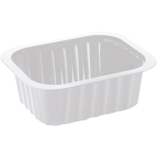 The PP dish White PP 138x114 from Duni GmbH is a simple, rectangular white food tray with ribbed sides and rounded corners, depicted on a white background.