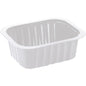 The PP dish White PP 138x114 from Duni GmbH is a simple, rectangular white food tray with ribbed sides and rounded corners, depicted on a white background.
