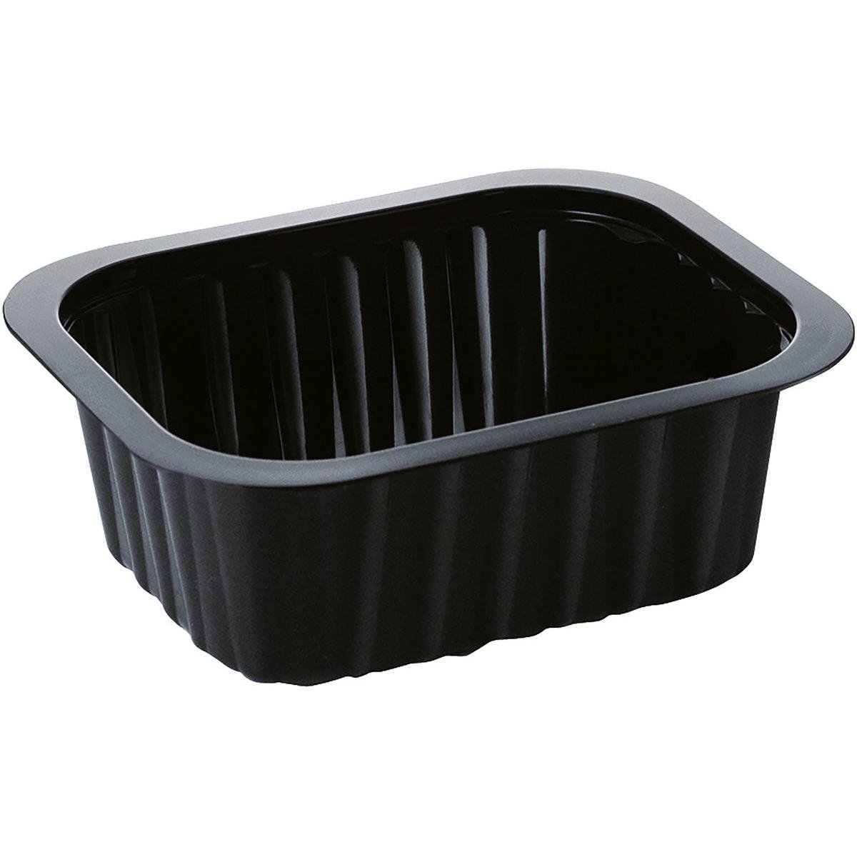 The PP bowl Black PP 138x114 from Duni GmbH is a black, rectangular food tray with ribbed sides and a slightly raised edge, depicted on a white background.
