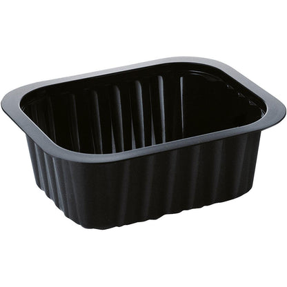 The PP bowl Black PP 138x114 from Duni GmbH is a black, rectangular food tray with ribbed sides and a slightly raised edge, depicted on a white background.