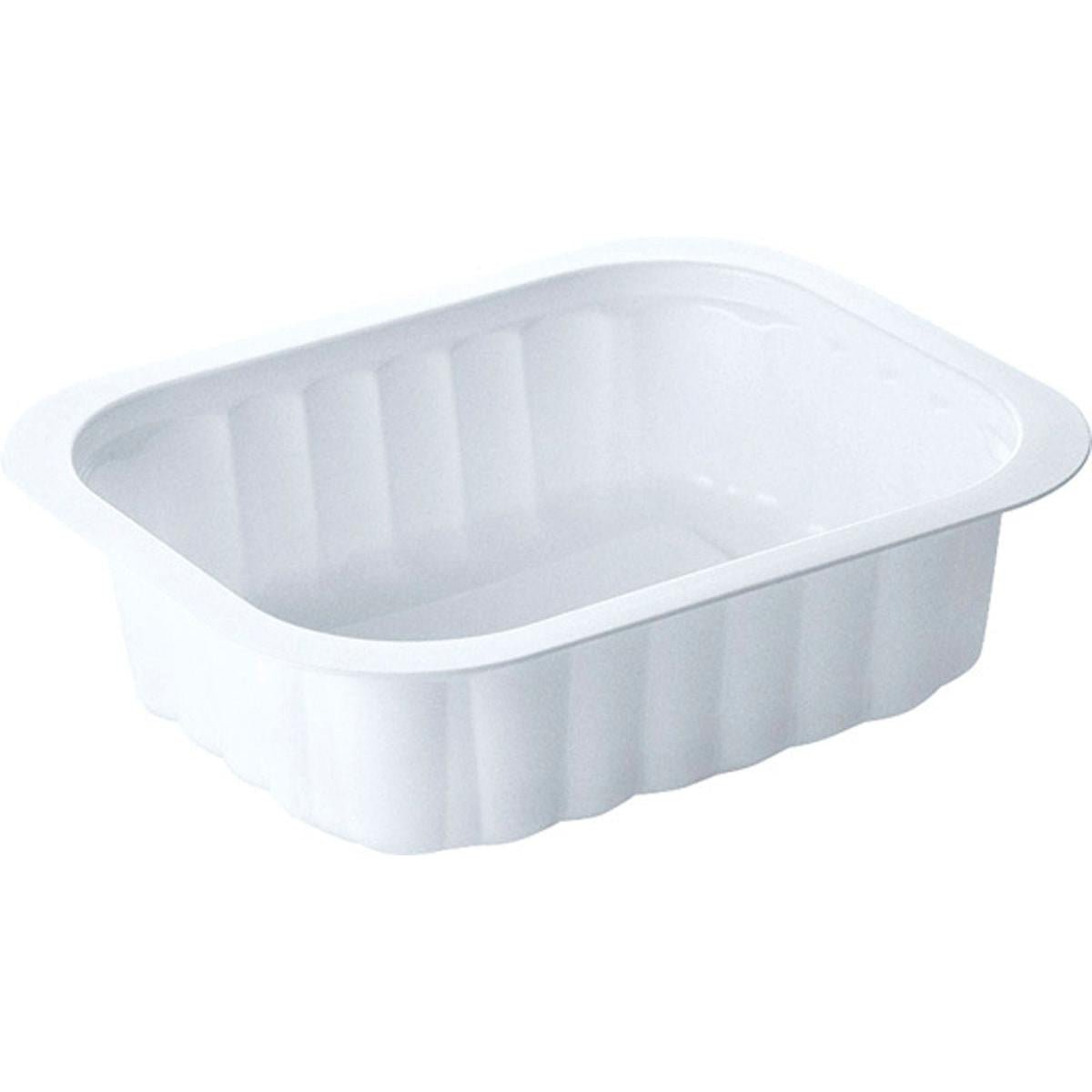 The Duni GmbH PP dish White PP 138x114 is a white, rectangular food tray with slightly flared sides and a wide rim, depicted on a plain background.