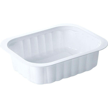 The Duni GmbH PP dish White PP 138x114 is a white, rectangular food tray with slightly flared sides and a wide rim, depicted on a plain background.